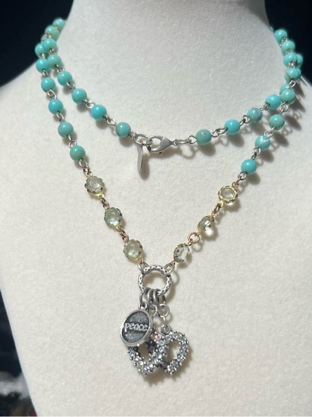 Y2K Turquoise Bead & Silver Charm Layered Necklace - Peace Heart Pendant